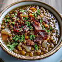 A steaming bowl of one-pot ham, onion, and lentil stew with tender lentils, diced ham, and aromatic vegetables simmering in rich broth.