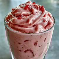 Creamy strawberry shortcake protein smoothie in a tall glass with fresh strawberries on top.  