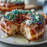 King Cake Donuts with Mardi Gras Sprinkles feature soft baked donuts with vanilla glaze and festive green, purple, and gold sprinkles.  