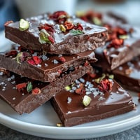 Luxurious Dubai chocolate bark with freeze-dried strawberries, pistachios, and edible gold leaf for a stunning Middle Eastern-inspired treat.