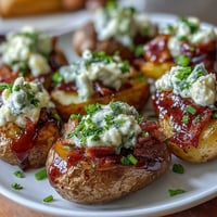 Loaded baked potato salad with smoky BBQ flavor, crispy bacon, and melted cheddar cheese, garnished with fresh herbs and scallions.