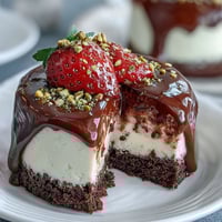 Dubai Chocolate Strawberry Cheesecake Cups with rich chocolate base and fresh strawberry topping, garnished with pistachios and edible gold leaf for a luxurious dessert presentation.