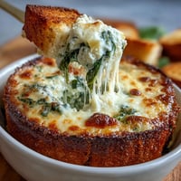 Creamy spinach and artichoke dip baked in a crusty sourdough bread bowl, perfect for St. Patrick's Day celebrations.