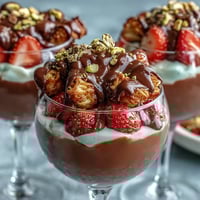 Dubai Chocolate Strawberry Cups with Kataifi and Pistachio Cream, golden crisp kataifi cups filled with dark chocolate and topped with creamy pistachio filling and fresh strawberries.