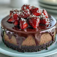 Easy Dubai Chocolate Strawberry Cheesecake Cups with layers of chocolate biscuit, creamy cheesecake, and fresh strawberries, topped with dark chocolate ganache.