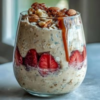 Healthy Easy Overnight Oats with Strawberry and Chia, layered in a jar with creamy oats, fresh berries, and chia seeds for a vibrant breakfast.