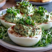 Fresh green avocado deviled eggs, garnished with chives and dill, perfect for spring parties and healthy snacking.