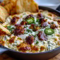 Cinco de Mayo Loaded Queso Dip with chorizo, melted cheese, and fresh toppings, served hot with crispy tortilla chips.  
