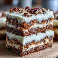 Moist carrot cake cheesecake bars with swirled layers of spiced carrot cake and creamy cheesecake, topped with chopped walnuts.