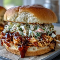 Juicy pulled BBQ chicken sandwiches piled high on toasted brioche buns with tangy coleslaw.
