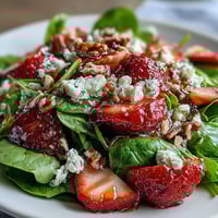 Fresh spring salad with baby spinach, juicy strawberries, goat cheese, and candied pecans in tangy balsamic dressing.