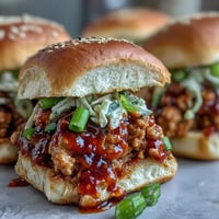 Soft slider buns hold a pile of sweet and spicy Korean Turkey Sloppy Joe Sliders with a tangy crunchy slaw. 