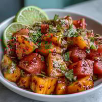 Vibrant mango fruit cups with zesty lime and a hint of chili, perfect for a refreshing summer snack.
