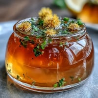 A jar of golden dandelion jelly with fresh lemon and honey, glistening on a rustic wooden table.