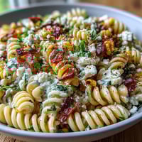 A colorful pasta salad with charred corn, Cotija cheese, and zesty lime dressing, inspired by Mexican street corn flavors.