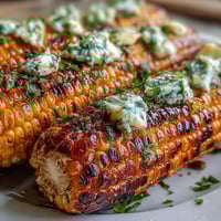 Memorial Day grilled corn with herbed butter, golden and lightly charred, served with four flavorful herb-infused butter options.  
