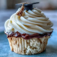 A batch of vanilla graduation cupcakes topped with black and gold fondant caps, perfect for celebrating academic achievements.