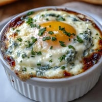 Easter eggs en cocotte baked in creamy herbed custard with parmesan and chives.  