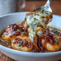 A comforting bowl of Gnocchi French Onion Soup with caramelized onions, pillowy gnocchi, and bubbly melted cheese.