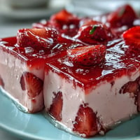 Vibrant strawberry and rose gelatin cubes suspended in a creamy milk base for a stunning mosaic cake.  