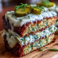 Savory Pickle Cake with tangy dill cream frosting, a unique appetizer.